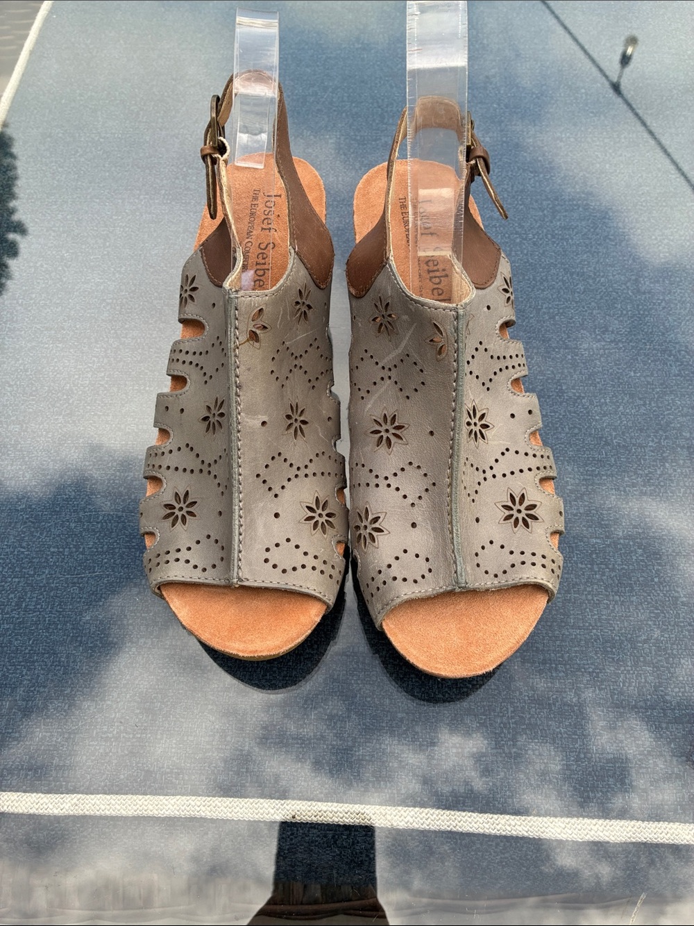 Josef Seibel Gray Floral Perforated Leather Slingback Sandals
